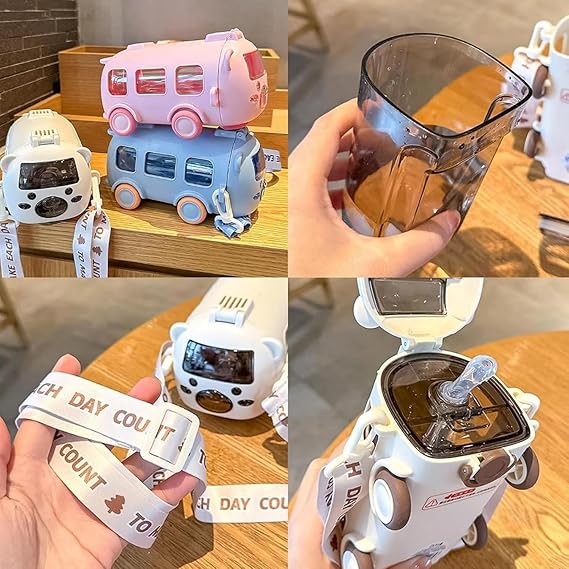 AJF Plastic Cute Bus Water Bottle, 350ml Capacity